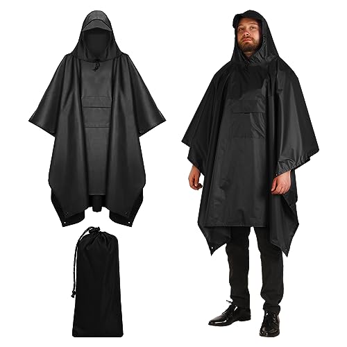 Volumoon Regenponcho Herren Damen, 3-in-1 Multifunktionales Regencape, Regencape mit Kapuze, Regenjacke Wasserdicht, für Fahrrad Wandern, Picknick im Freien, Camping, Trekking, Angeln (Schwarz) von Volumoon