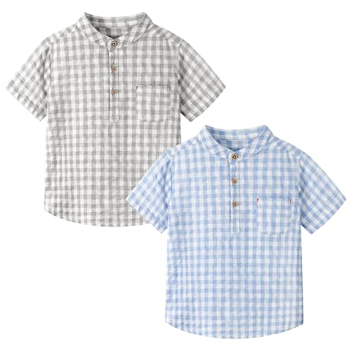 Volunboy 2er Pack Kurzarm T-Shirt Jungen, Sommer Casual Plaid & Unifarben Tops 1-5 Jahre(Blau Grau Kariert,18-24 Monate,Größe 90) von Volunboy