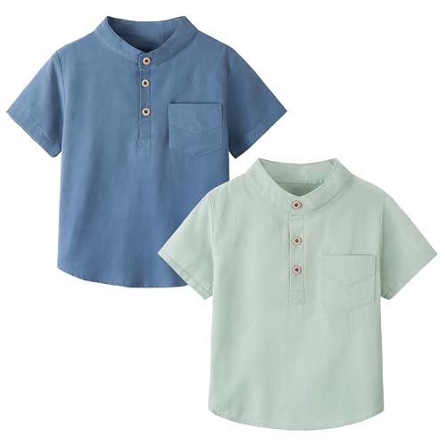Volunboy 2er Pack Kurzarm T-Shirt Jungen, Sommer Casual Plaid & Unifarben Tops 1-5 Jahre(Grün Blau,18-24 Monate,Größe 90) von Volunboy