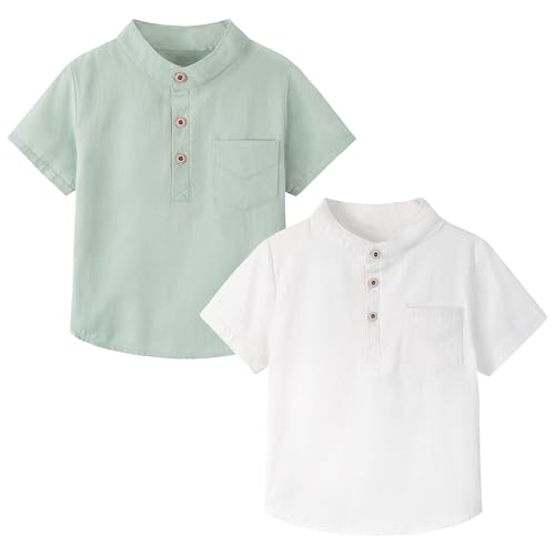 Volunboy 2er Pack Kurzarm T-Shirt Jungen, Sommer Casual Plaid & Unifarben Tops 1-5 Jahre(Weiß Grün,18-24 Monate,Größe 90) von Volunboy