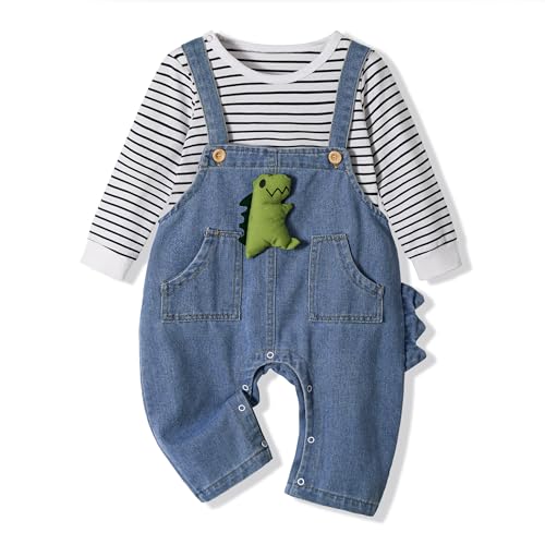 Volunboy 2tlg Babykleidung Set, Kleidung Outfit Dinosaurier Langärmeliger Strampler T-Shirt Top/Body + Hose, Neugeborenes bis Kleinkind (Dino Streifen, 9-12 Monate, Größe 73) von Volunboy