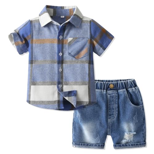 Volunboy 2tlg Babykleidung Set, Kurzarm Hemd Kariert & Blau Jeans Sommer Kleidung Outfit für Jungen(Blauer Denim,18-24 Monate,Größe 90) von Volunboy