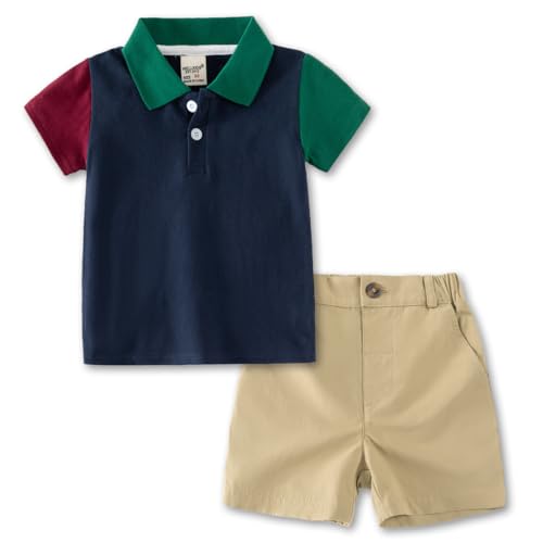 Volunboy 2tlg Babykleidung Set, Sommer Kleidung Outfit Kurzarm Polo Shirt Top + Shorts Bekleidung Sets für Jungen（Patchwork Blau，2-3 Jahre，Größe 100） von Volunboy