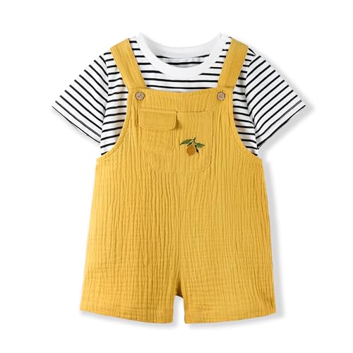 Volunboy 2tlg Babykleidung Set, Sommer Kleidung Outfit Kurze Latzhose/Overalls & Gestreiftem T-Shirt für Baby/Kleinkind(Größe 80,12-18 Monate,Gelb von Volunboy