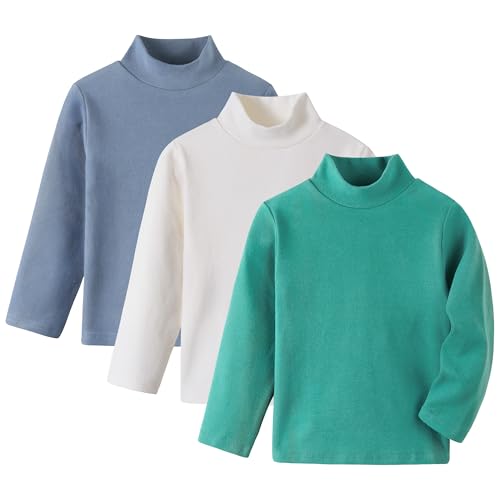 Volunboy 3er Pack Langarm Rollkragen Shirts für Kinder (1-6 Jahre), Baumwolle Unisex Basic Oberteil Wärmend Winter Unterhemd Slim Fit(Größe 110,3-4 Jahre,Grün Weiß Blau von Volunboy
