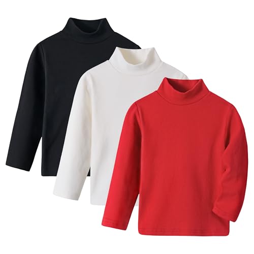 Volunboy 3er Pack Langarm Rollkragen Shirts für Kinder (1-6 Jahre), Baumwolle Unisex Basic Oberteil Wärmend Winter Unterhemd Slim Fit(Größe 110,3-4 Jahre,Rot Weiß Schwarz von Volunboy