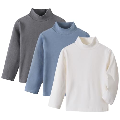 Volunboy 3er Pack Langarm Rollkragen Shirts für Kinder (1-6 Jahre), Baumwolle Unisex Basic Oberteil Wärmend Winter Unterhemd Slim Fit(Größe 110,3-4 Jahre,Weiß Blau Grau von Volunboy