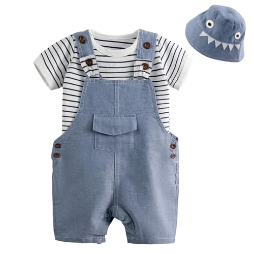 Volunboy 3tlg Babykleidung Set, Sommer Kleidung Outfit Kurzarm T-Shirt Top/Body + Hose/Shorts, Mütze 3er Set Neugeborenes bis Kleinkind(Blau Gestreift,6-9 Monate,Größe 66) von Volunboy