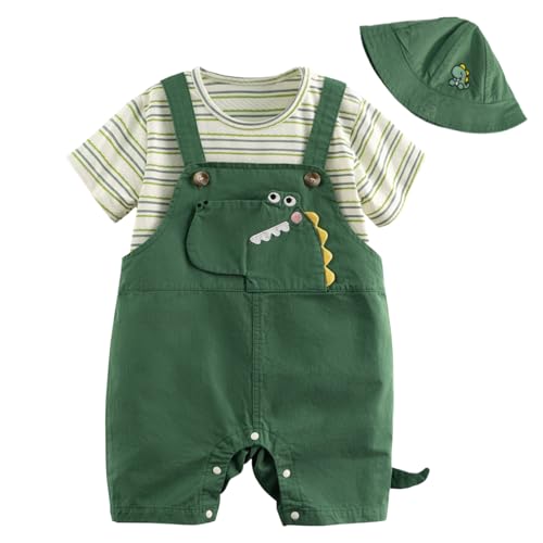 Volunboy 3tlg Babykleidung Set, Sommer Kleidung Outfit Kurzarm T-Shirt Top/Body + Hose/Shorts, Mütze 3er Set Neugeborenes bis Kleinkind(Dunkelgrüner Dinosaurier，18-24 Monate，Größe 90 von Volunboy