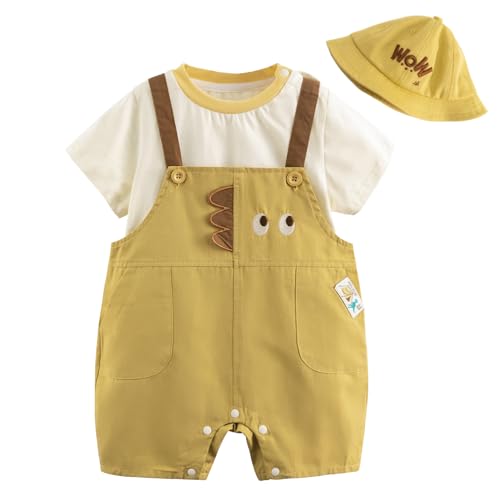 Volunboy 3tlg Babykleidung Set, Sommer Kleidung Outfit Kurzarm T-Shirt Top/Body + Hose/Shorts, Mütze 3er Set Neugeborenes bis Kleinkind(Gelber Dinosaurier，12-18 Monate，Größe 80 von Volunboy