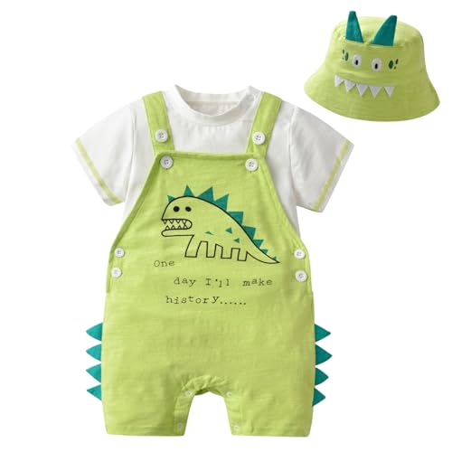 Volunboy 3tlg Babykleidung Set, Sommer Kleidung Outfit Kurzarm T-Shirt Top/Body + Hose/Shorts, Mütze 3er Set Neugeborenes bis Kleinkind(Grüner Dinosaurier,6-9 Monate,Größe 66) von Volunboy