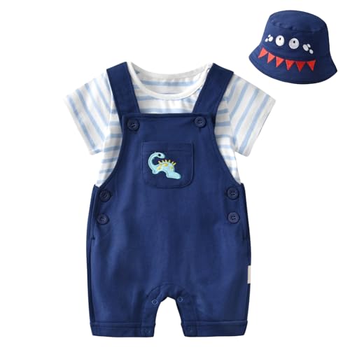 Volunboy 3tlg Babykleidung Set, Sommer Kleidung Outfit Kurzarm T-Shirt Top/Body + Hose/Shorts, Mütze 3er Set Neugeborenes bis Kleinkind(Marine Dinosuar,3-6 Monate,Größe 59) von Volunboy
