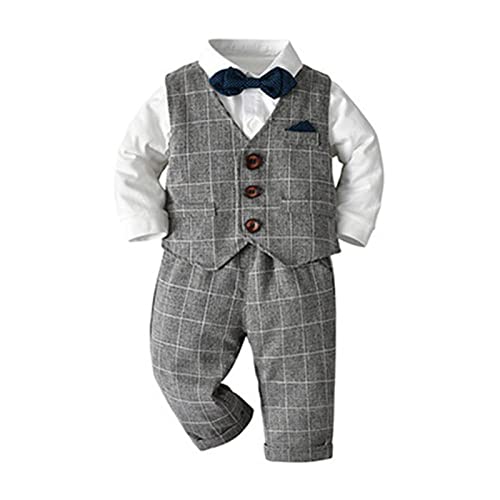 Volunboy Baby Anzug Jungen Anzugweste Hemd mit Fliege für Festlich Hochzeit Bekleidung Set 4tlg（12-18 Monate，Grau-Plaid，Größe 80） von Volunboy