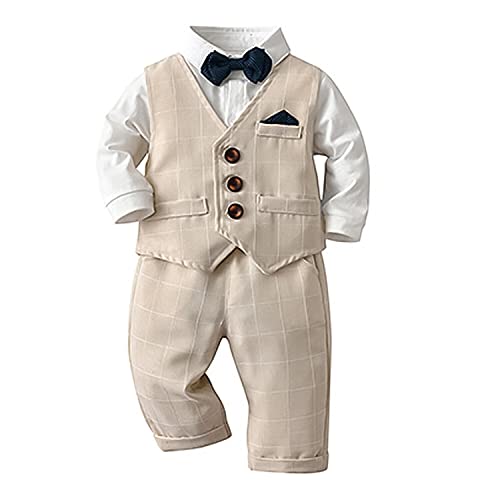 Volunboy Baby Anzug Jungen Anzugweste Hemd mit Fliege für Festlich Hochzeit Bekleidung Set 4tlg（12-18 Monate，Khaki-Plaid，Größe 80） von Volunboy