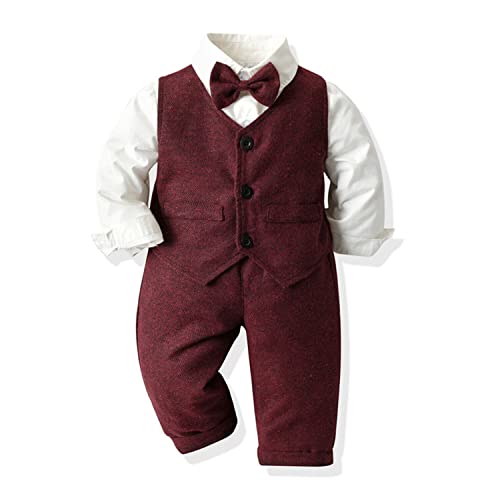 Volunboy Baby Anzug Jungen Anzugweste Hemd mit Fliege für Festlich Hochzeit Bekleidung Set 4tlg（12-18 Monate，Rotwein，Größe 80） von Volunboy