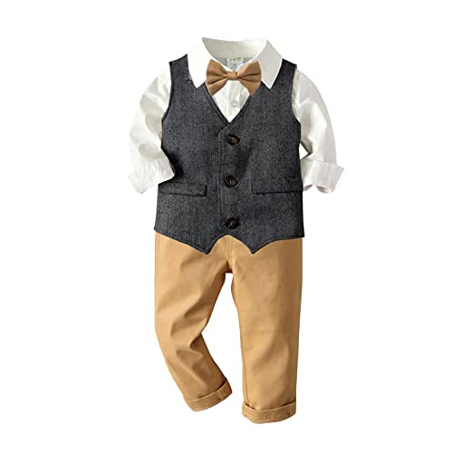 Volunboy Baby Anzug Jungen Anzugweste Hemd mit Fliege für Festlich Hochzeit Bekleidung Set 4tlg（12-18 Monate，Weiß-Grau，Größe 80） von Volunboy