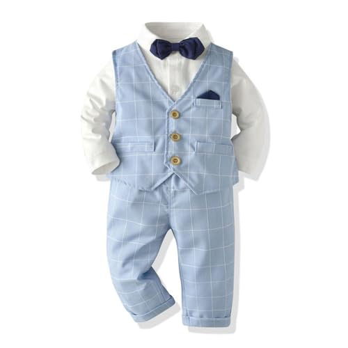 Volunboy Baby Anzug Jungen Anzugweste Hemd mit Fliege für Festlich Hochzeit Bekleidung Set 4tlg（18-24 Monate，Blau-Plaid，Größe 90） von Volunboy