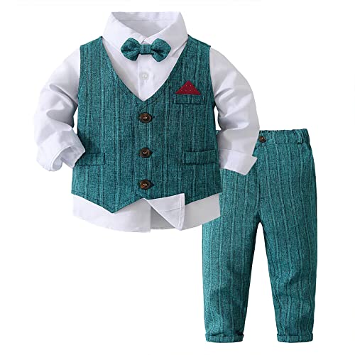 Volunboy Baby Anzug Jungen Anzugweste Hemd mit Fliege für Festlich Hochzeit Bekleidung Set 4tlg（18-24 Monate，Grün，Größe 90） von Volunboy