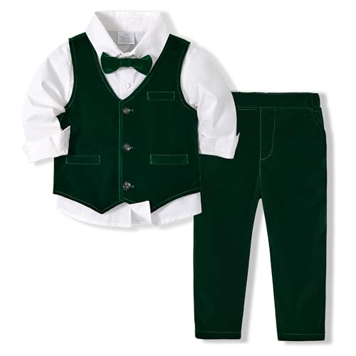 Volunboy Baby Anzug Jungen Anzugweste Hemd mit Fliege für Festlich Hochzeit Bekleidung Set 4tlg(18-24 Monate,Grüner Samt,Größe 90) von Volunboy