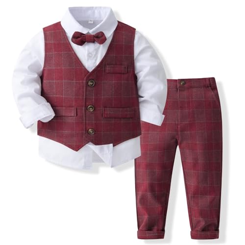 Volunboy Baby Anzug Jungen Anzugweste Hemd mit Fliege für Festlich Hochzeit Bekleidung Set 4tlg(18-24 Monate,Rot Plaid,Größe 90) von Volunboy