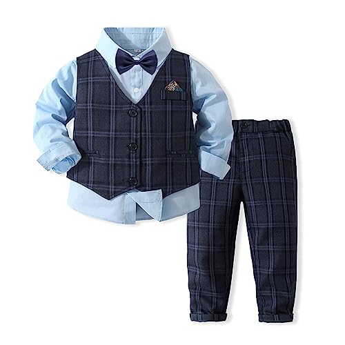 Volunboy Baby Anzug Jungen Anzugweste Hemd mit Fliege für Festlich Hochzeit Bekleidung Set 4tlg(2-3 Jahre,Blau,Größe 100) von Volunboy