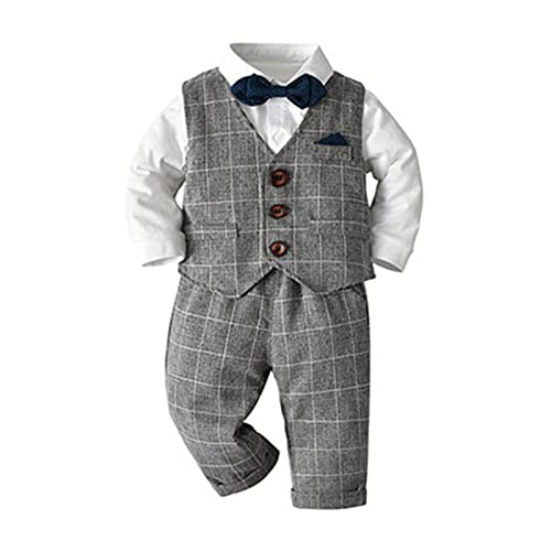 Volunboy Baby Anzug Jungen Anzugweste Hemd mit Fliege für Festlich Hochzeit Bekleidung Set 4tlg（2-3 Jahre，Grau-Plaid，Größe 100） von Volunboy