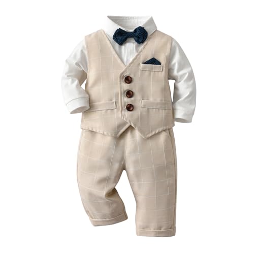 Volunboy Baby Anzug Jungen Anzugweste Hemd mit Fliege für Festlich Hochzeit Bekleidung Set 4tlg（3-4 Jahre，Khaki-Plaid，Größe 110） von Volunboy