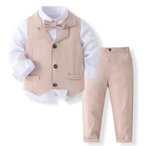 Volunboy Baby Anzug Jungen Anzugweste Hemd mit Fliege für Festlich Hochzeit Bekleidung Set 4tlg(3-4 Jahre,Leinen,Größe 110) von Volunboy