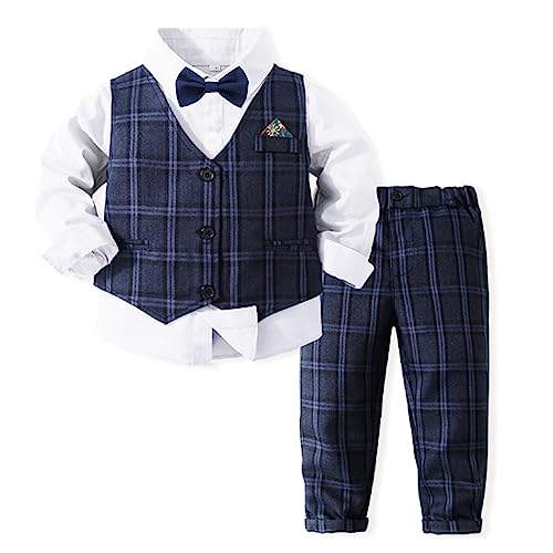 Volunboy Baby Anzug Jungen Anzugweste Hemd mit Fliege für Festlich Hochzeit Bekleidung Set 4tlg(3-4 Jahre,Marine Blau,Größe 110) von Volunboy