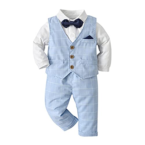 Volunboy Baby Anzug Jungen Anzugweste Hemd mit Fliege für Festlich Hochzeit Bekleidung Set 4tlg（9-12 Monate，Blau-Plaid，Größe 70） von Volunboy