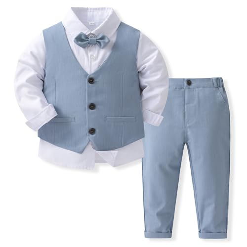 Volunboy Baby Anzug Jungen Anzugweste Hemd mit Fliege für Festlich Hochzeit Bekleidung Set 4tlg(Größe 90,18-24 Monate,Blau Weiß von Volunboy
