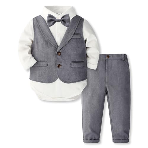 Volunboy Baby Anzug Jungen Anzugweste Hemd mit Fliege für Festlich Hochzeit Bekleidung Set 4tlg(Reines Grau,18-24 Monate,Größe 90) von Volunboy