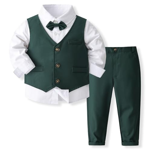 Volunboy Baby Anzug Jungen Anzugweste Hemd mit Fliege für Festlich Hochzeit Bekleidung Set 4tlg(Tiefgrün,2-3 Jahre,Größe 100) von Volunboy