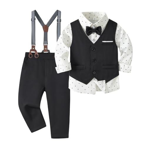 Volunboy Baby Anzug Jungen Anzugweste Hemd mit Fliege für Festlich Hochzeit Bekleidung Set 4tlg(Weiß Schwarz,12-18 Monate,Größe 80) von Volunboy