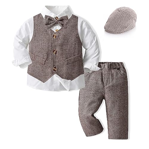 Volunboy Baby Anzug Jungen Anzugweste Hemd mit Fliege für Festlich Hochzeit Bekleidung Set 5tlg（18-24 Monate，Braun，Größe 90） von Volunboy