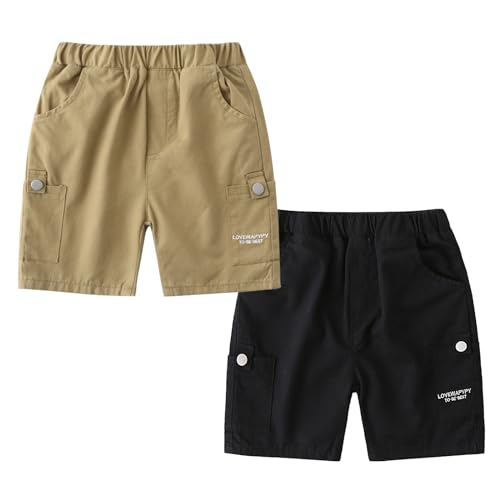Volunboy Baby Jungen 2er-Pack Pull-On Cargo Shorts, Kurze Hosen Kinder Lässige Bermuda mit Taschen（18-24 Monate，Khaki Schwarz，Größe 90） von Volunboy