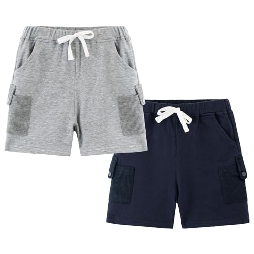 Volunboy Baby Jungen 2er-Pack Pull-On Shorts, Kinder Kurze Hosen Freizeit Bermuda mit Taschen, Schwarzgrau(Marineblau Hellgrau,2-3 Jahre,Größe 100) von Volunboy