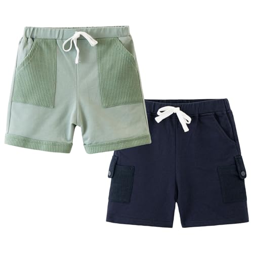 Volunboy Baby Jungen 2er-Pack Pull-On Shorts, Kinder Kurze Hosen Freizeit Bermuda mit Taschen, Schwarzgrau(Marineblau Hellgrün,4-5 Jahre,Größe 120) von Volunboy