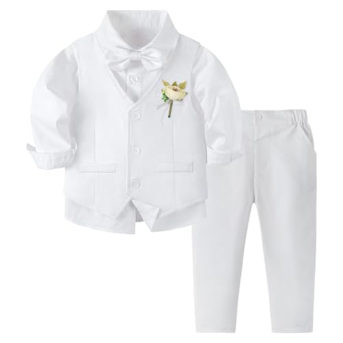 Volunboy Baby Jungen Anzug, Kinder Anzugweste Festliche Hochzeit Kleidung Bekleidung Set 4tlg(Größe 80,12-18 Monate,Reines Weiß von Volunboy