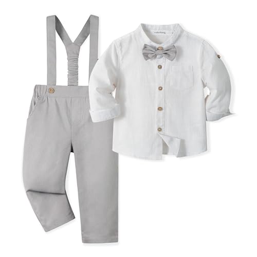 Volunboy Baby Jungen Anzug, Kinder Leinen Langarm Hemd mit Fliege + Hosenträger Hosen 4 Stück Anzug(Grau Hell,18-24 Monate,Größe 90) von Volunboy