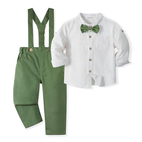 Volunboy Baby Jungen Anzug, Kinder Leinen Langarm Hemd mit Fliege + Hosenträger Hosen 4 Stück Anzug(Grün,4-5 Jahre,Größe 120) von Volunboy
