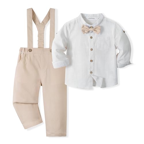 Volunboy Baby Jungen Anzug, Kinder Leinen Langarm Hemd mit Fliege + Hosenträger Hosen 4 Stück Anzug(Helles Khaki,12-18 Monate,Größe 80) von Volunboy