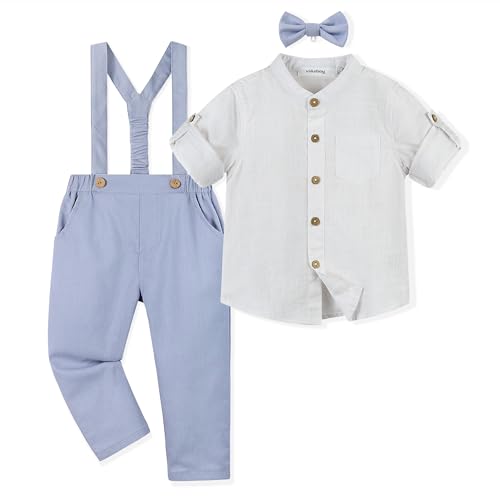 Volunboy Baby Jungen Anzug, Kinder Leinen Langarm Hemd mit Fliege + Hosenträger Hosen 4 Stück Anzug(Himmel Blau,4-5 Jahre,Größe 120) von Volunboy