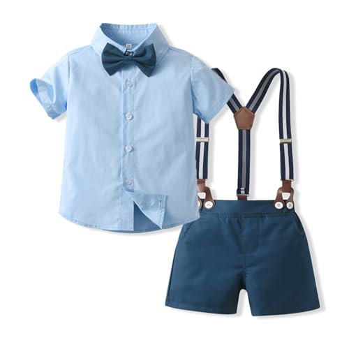 Volunboy Baby Jungen Anzug, Kurzarm Hemd mit Fliege + Hosenträger Shorts Strampler Sommer Bekleidung Set（Blau Marine，4-5 Jahre，Größe 120） von Volunboy