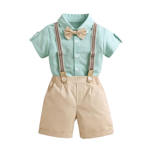 Volunboy Baby Jungen Anzug, Kurzarm Hemd mit Fliege + Hosenträger Shorts Strampler Sommer Bekleidung Set（Grün Beige，4-5 Jahre，Größe 130） von Volunboy