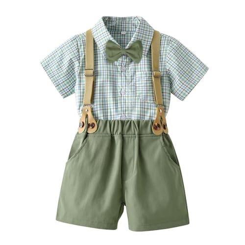 Volunboy Baby Jungen Anzug, Kurzarm Hemd mit Fliege + Hosenträger Shorts Strampler Sommer Bekleidung Set（Grün kariert，12-18 Monate，Größe 80） von Volunboy