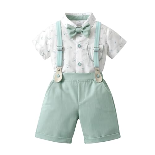 Volunboy Baby Jungen Anzug, Kurzarm Hemd mit Fliege + Hosenträger Shorts Strampler Sommer Bekleidung Set（Hell Grün，3-4 Jahre，Größe 110） von Volunboy
