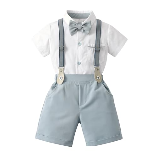 Volunboy Baby Jungen Anzug, Kurzarm Hemd mit Fliege + Hosenträger Shorts Strampler Sommer Bekleidung Set（Helle Blau，4-5 Jahre，Größe 120） von Volunboy