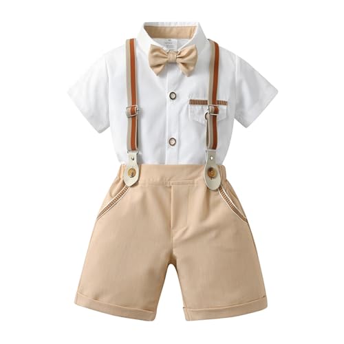 Volunboy Baby Jungen Anzug, Kurzarm Hemd mit Fliege + Hosenträger Shorts Strampler Sommer Bekleidung Set（Khaki，3-4 Jahre，Größe 110） von Volunboy
