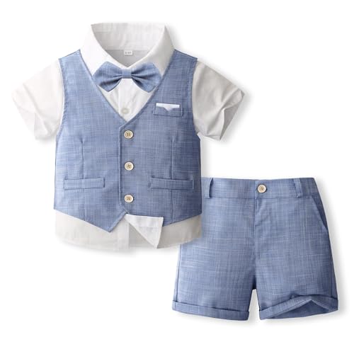 Volunboy Baby Jungen Anzug, Sommer Anzugweste Hemd mit Fliege + Shorts für Festlich Hochzeit Bekleidung Set 4tlgs(12-18 Monate,Blau,Größe 80) von Volunboy